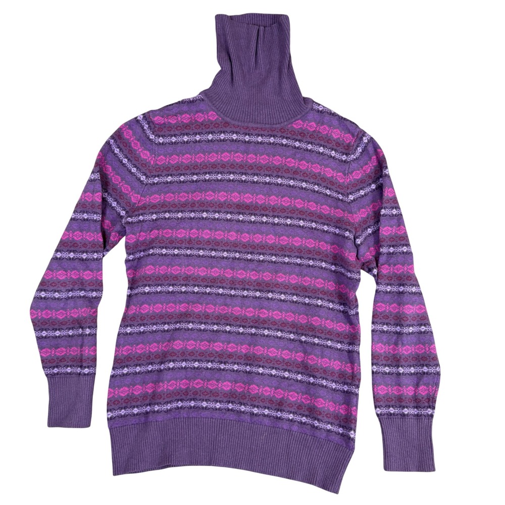LL Bean Purple Fair Isle Turtleneck Sweater Pink Nordic Knit Long Sleeve Med